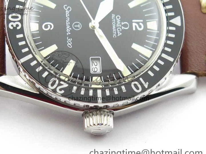 0414 Vintage Seamaster 300 Date T SS B12 Black Dial On Brown Leather Strap A2836 (Free Nylon Strap) WeatherProof 7911